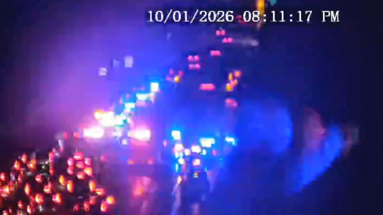 Local 10 night highway still of emergency lights on I-195 in Miami Beach after a bus-pedestrian crash (no victim faces).